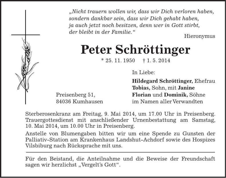 Traueranzeige Peter Schröttinger