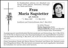 Traueranzeige Maria Sagstetter
