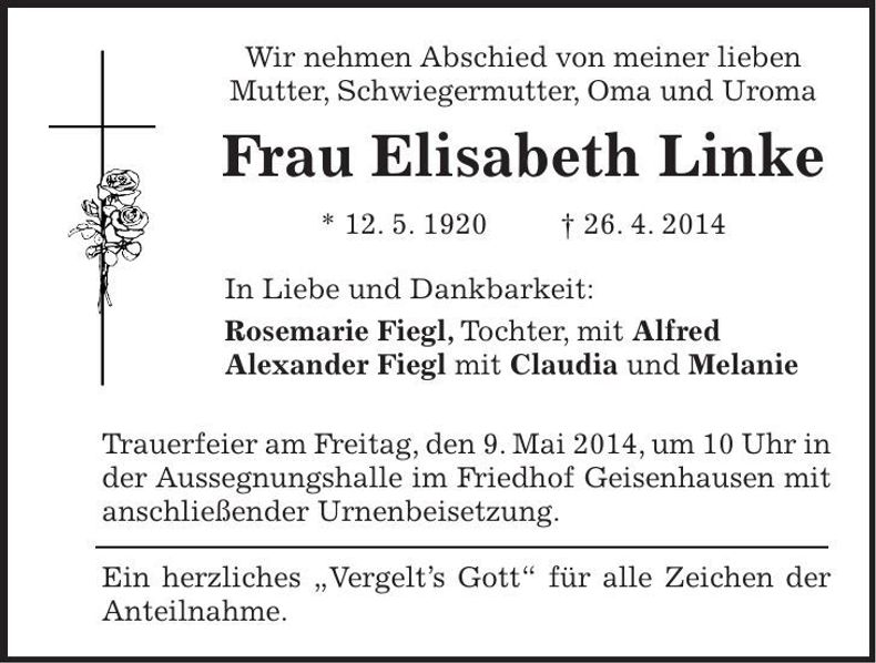 Traueranzeige Elisabeth Linke