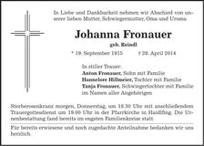Traueranzeige Johanna Fronauer