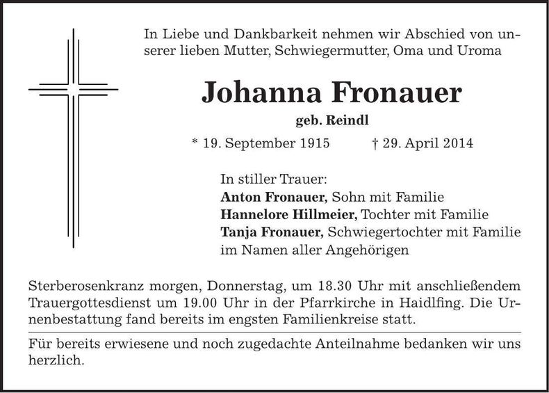 Traueranzeige Johanna Fronauer