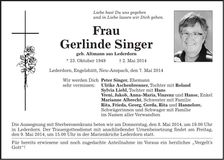 Traueranzeige Gerlinde Singer