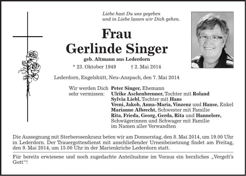 Traueranzeige Gerlinde Singer