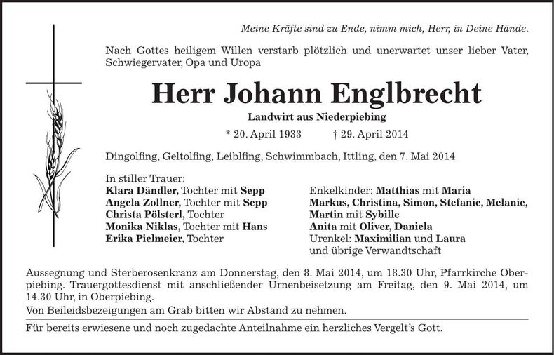 Traueranzeige Johann Englbrecht