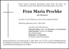 Traueranzeige Maria Petschke