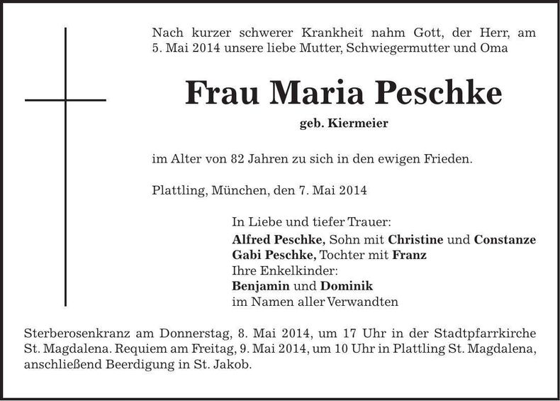 Traueranzeige Maria Petschke