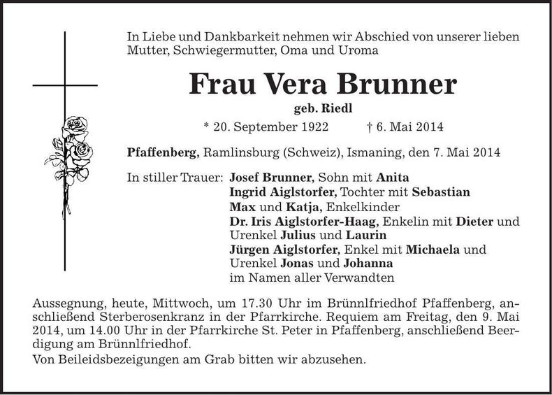 Traueranzeige Vera Brunner