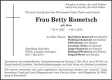 Traueranzeige Betty Rometsch