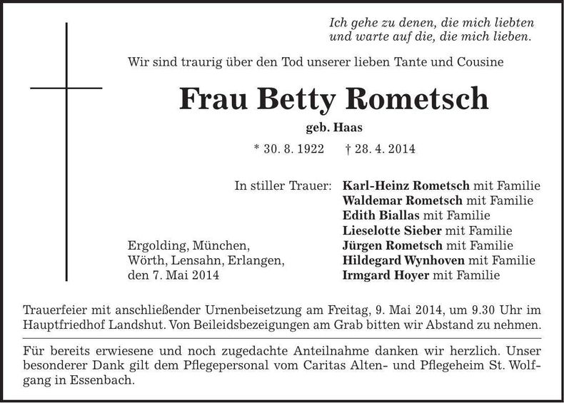 Traueranzeige Betty Rometsch