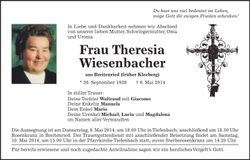 Traueranzeige Theresia Wiesenbacher