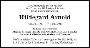Traueranzeige Hildegart Arnold