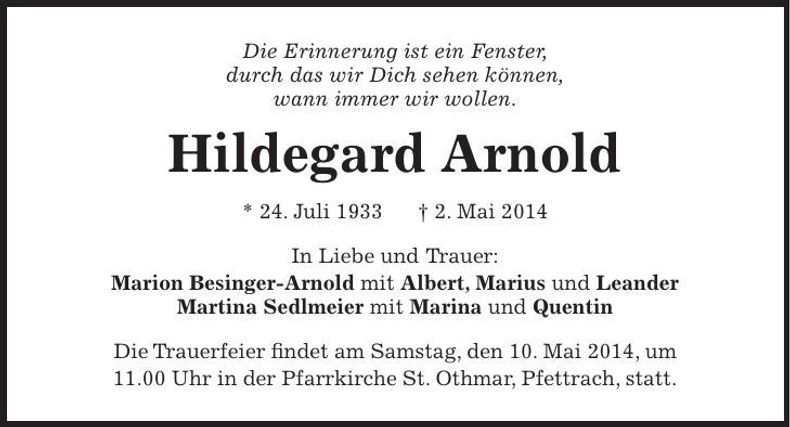Traueranzeige Hildegart Arnold