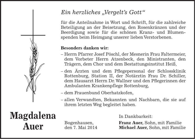 Traueranzeige Magdalena Auer