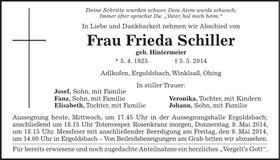 Traueranzeige Frieda Schiller