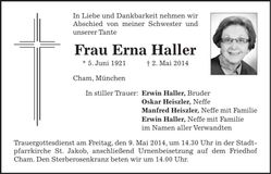 Traueranzeige Erna Haller