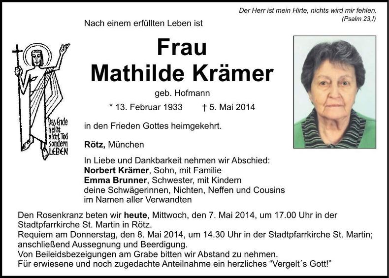 Traueranzeige Mathilde Krämer