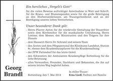 Traueranzeige Georg Brandl