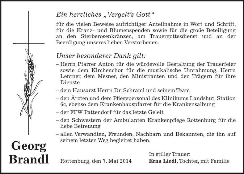 Traueranzeige Georg Brandl