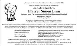 Traueranzeige Simon Pfarrer Binn