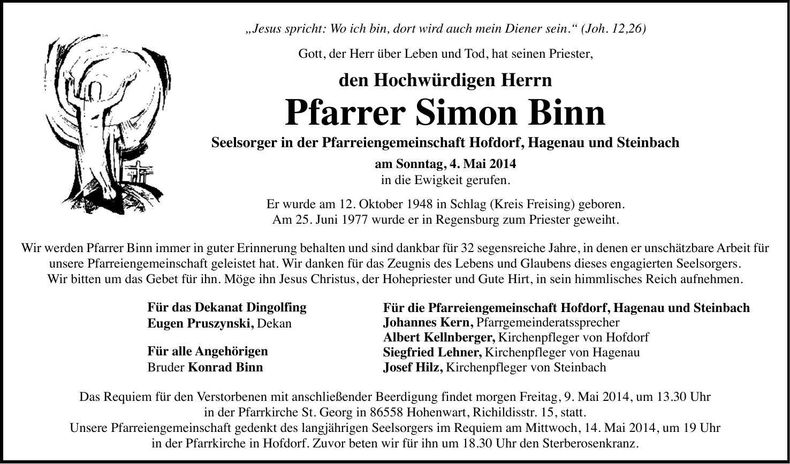 Traueranzeige Simon Pfarrer Binn