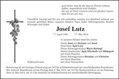 Traueranzeige Josef Lutz