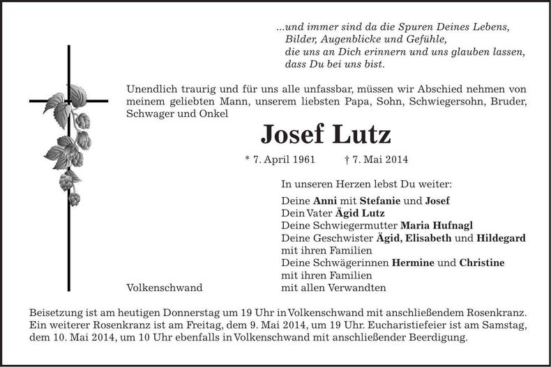 Traueranzeige Josef Lutz