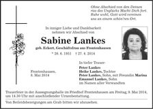 Traueranzeige Sabine Lankes