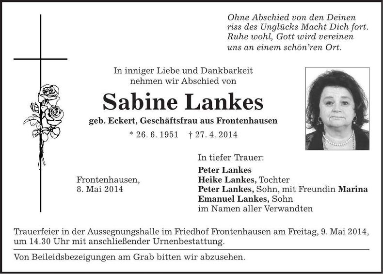 Traueranzeige Sabine Lankes