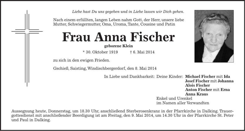 Traueranzeige Anna Fischer