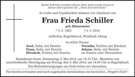 Traueranzeige Frieda Schiller
