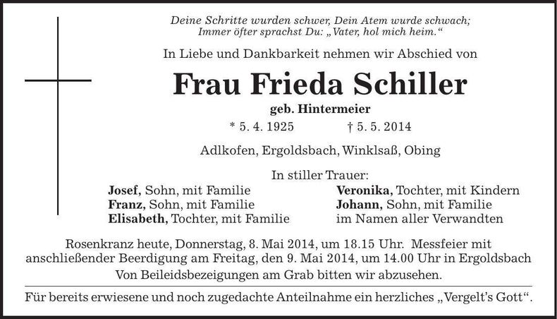 Traueranzeige Frieda Schiller