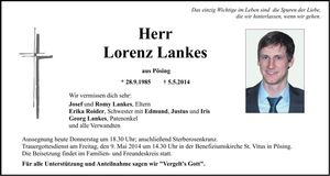 Traueranzeige Lorenz Lankes