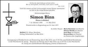 Traueranzeige Simon Binn