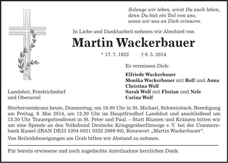 Traueranzeige Martin Wackerbauer