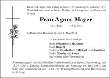 Traueranzeige Agnes Mayer
