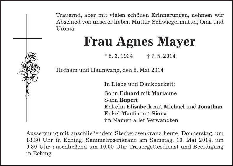 Traueranzeige Agnes Mayer