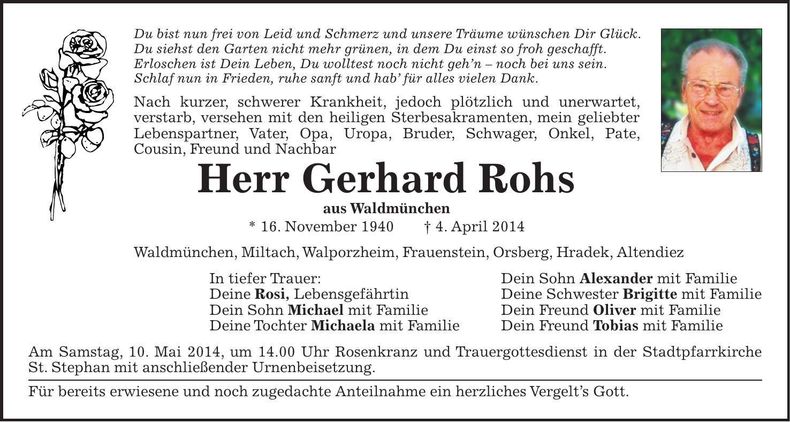Traueranzeige Gerhard Rohs