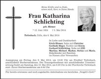 Traueranzeige Katharina Schlichtin