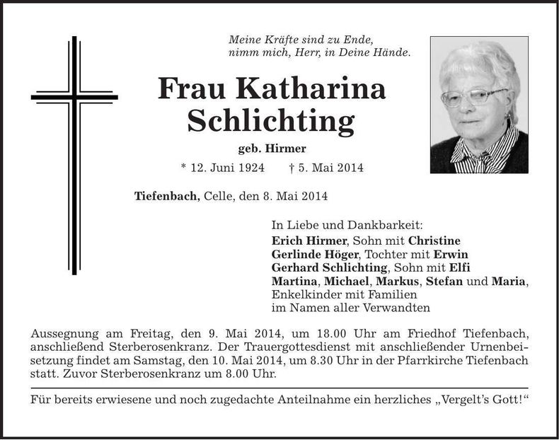 Traueranzeige Katharina Schlichtin