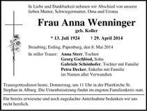 Traueranzeige Anna Wenninger