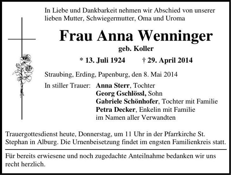 Traueranzeige Anna Wenninger