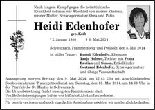 Traueranzeige Heidi Edenhofer