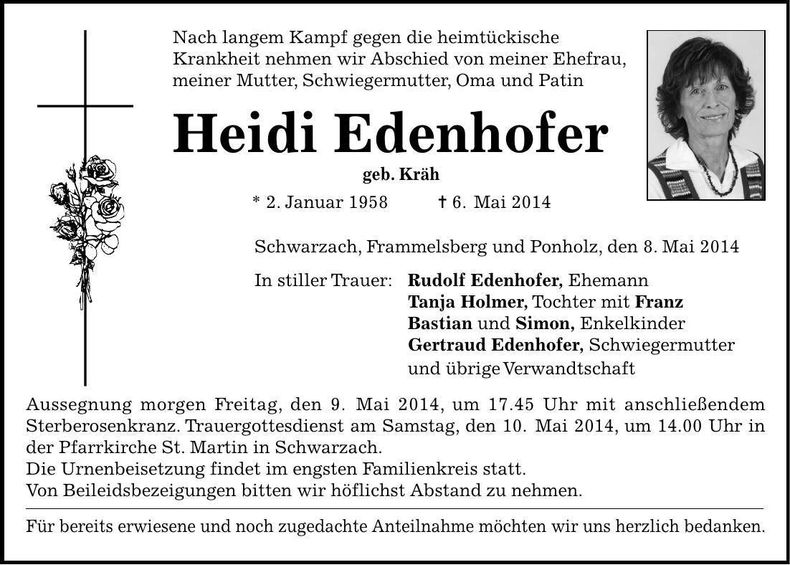 Traueranzeige Heidi Edenhofer