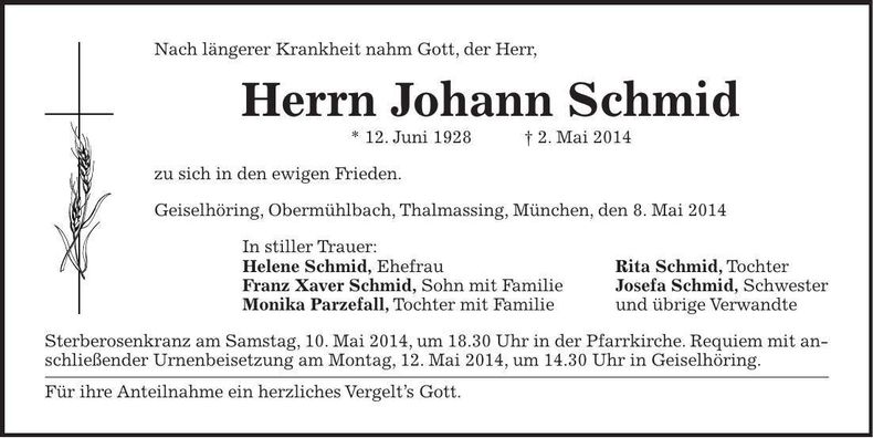 Traueranzeige Johann Schmid