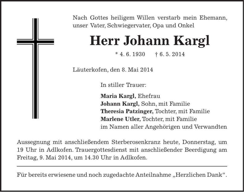 Traueranzeige Johann Kargl