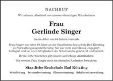 Traueranzeige Gerlinde Singer