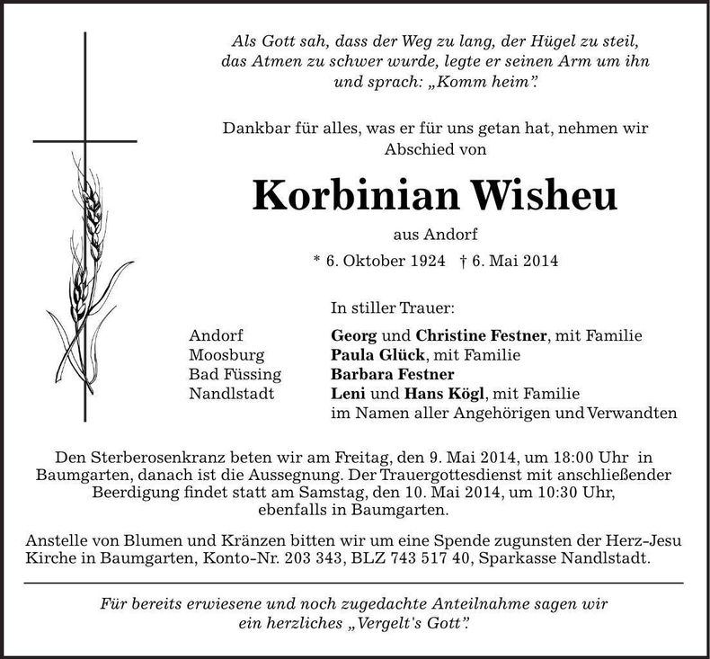 Traueranzeige Korbinian Wisheu