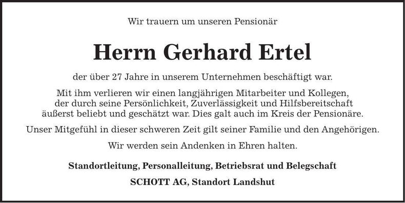 Traueranzeige Gerhard Ertel