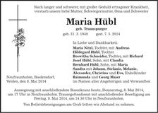 Traueranzeige Maria Hübl