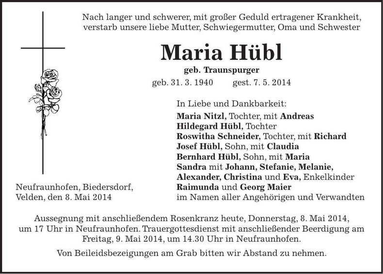 Traueranzeige Maria Hübl